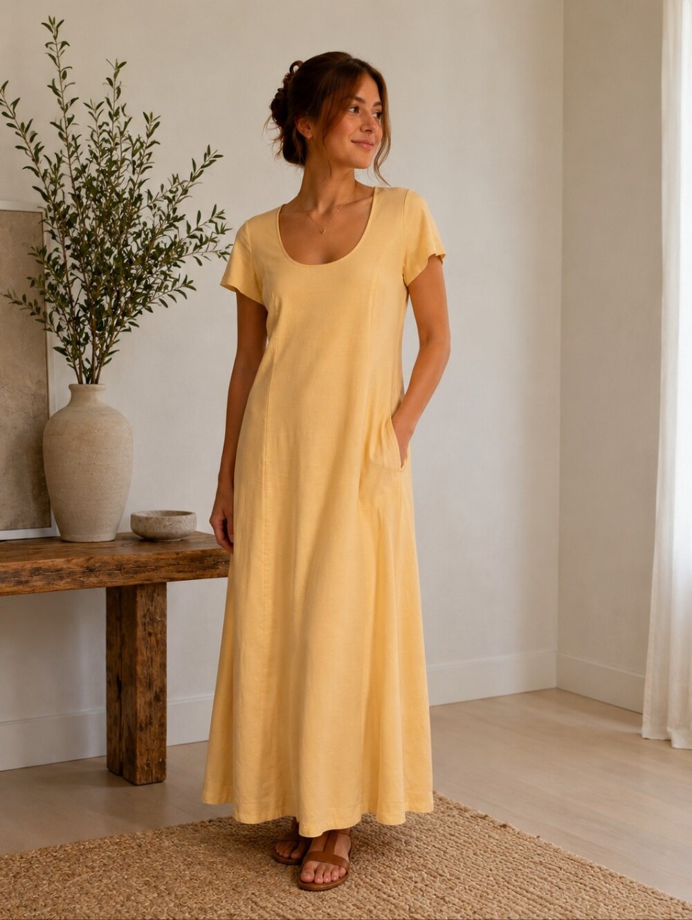 Scoop Neck Long Dress Linen & Viscose Blend Dress